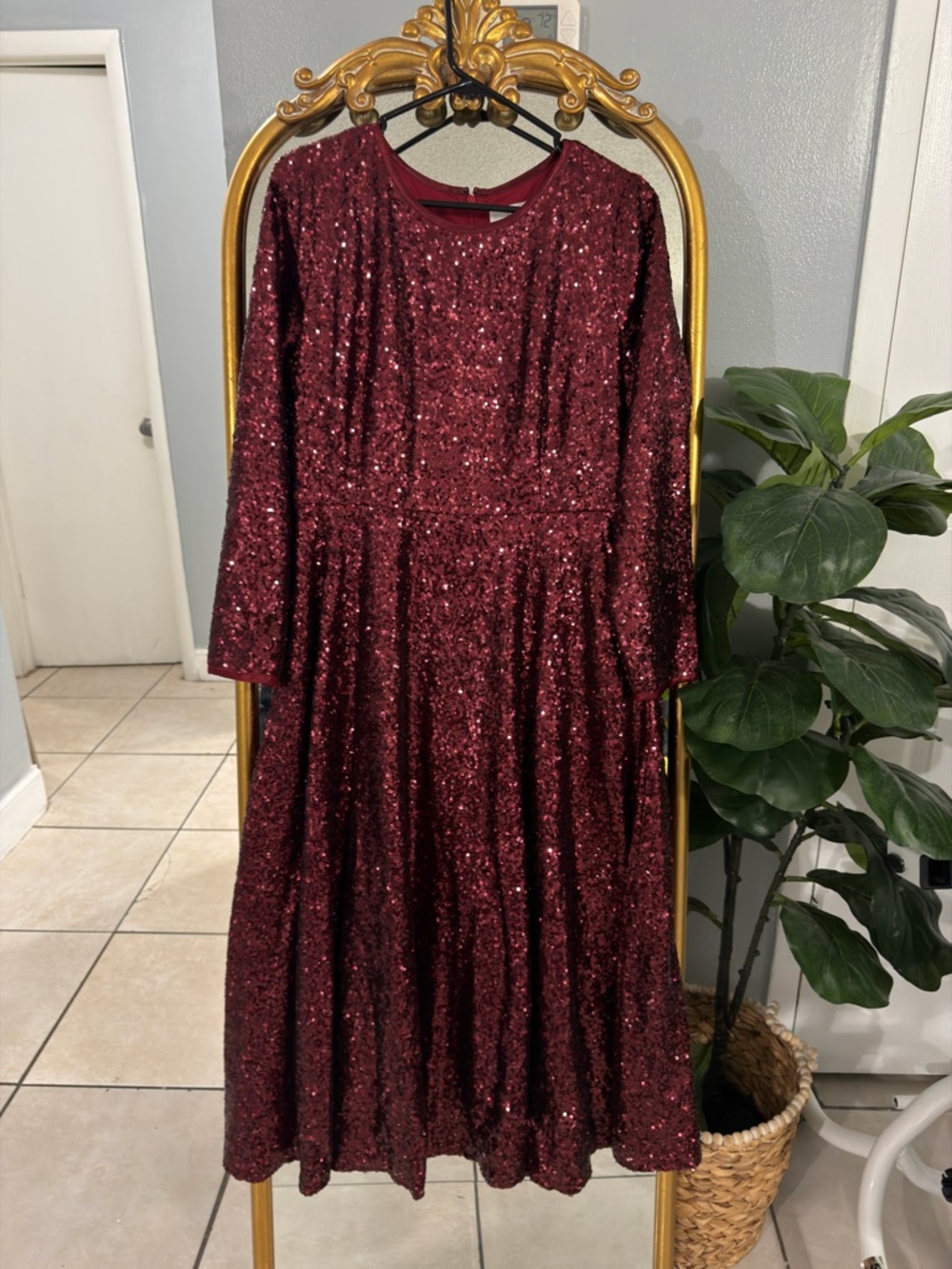 Dainty Jewells Burgundy Sequin Long Sleeve Gown